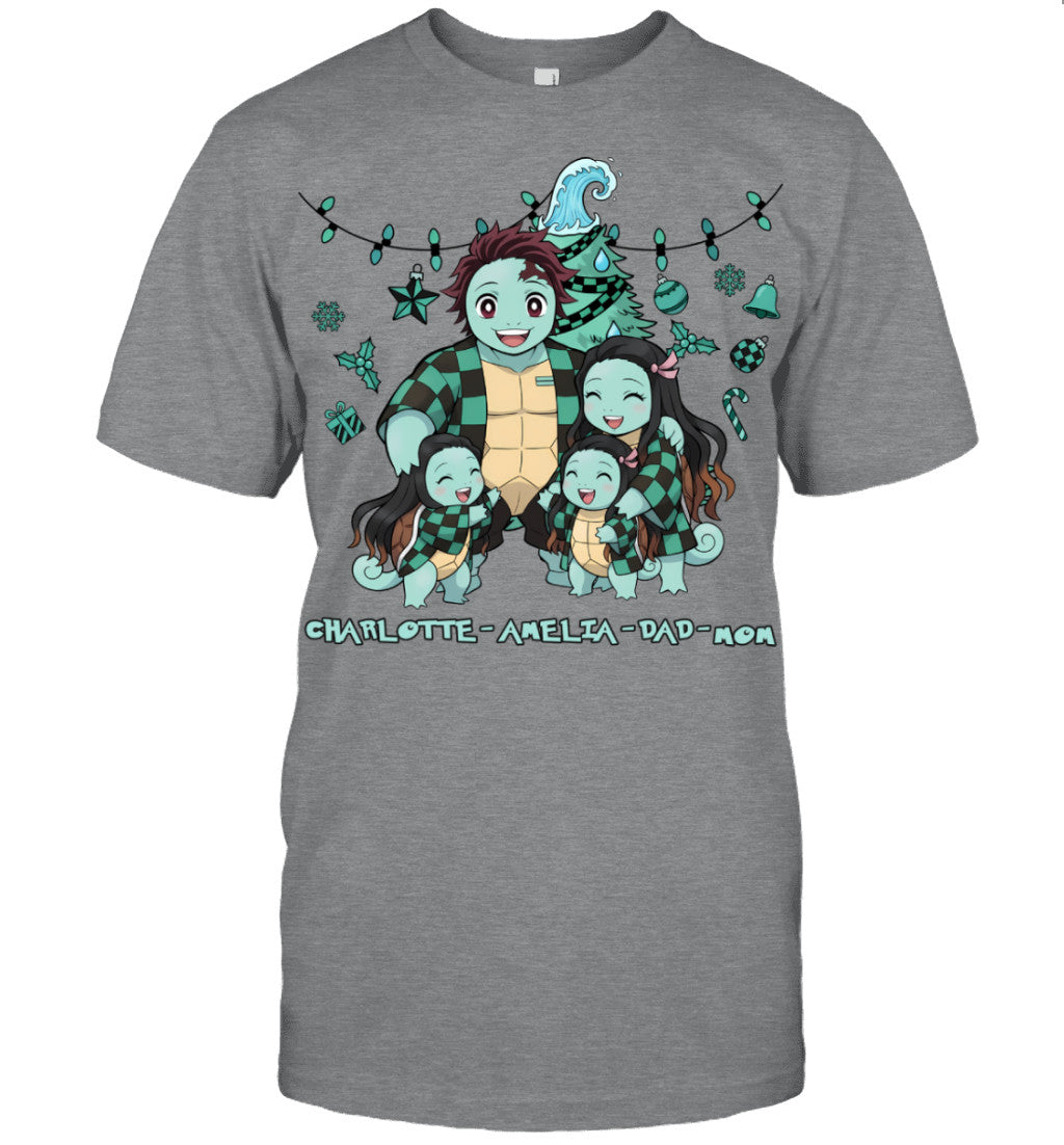 Squirtle x Kamado Tanjiro Parents & Daughters Custom Name Christmas T-Shirt for Family