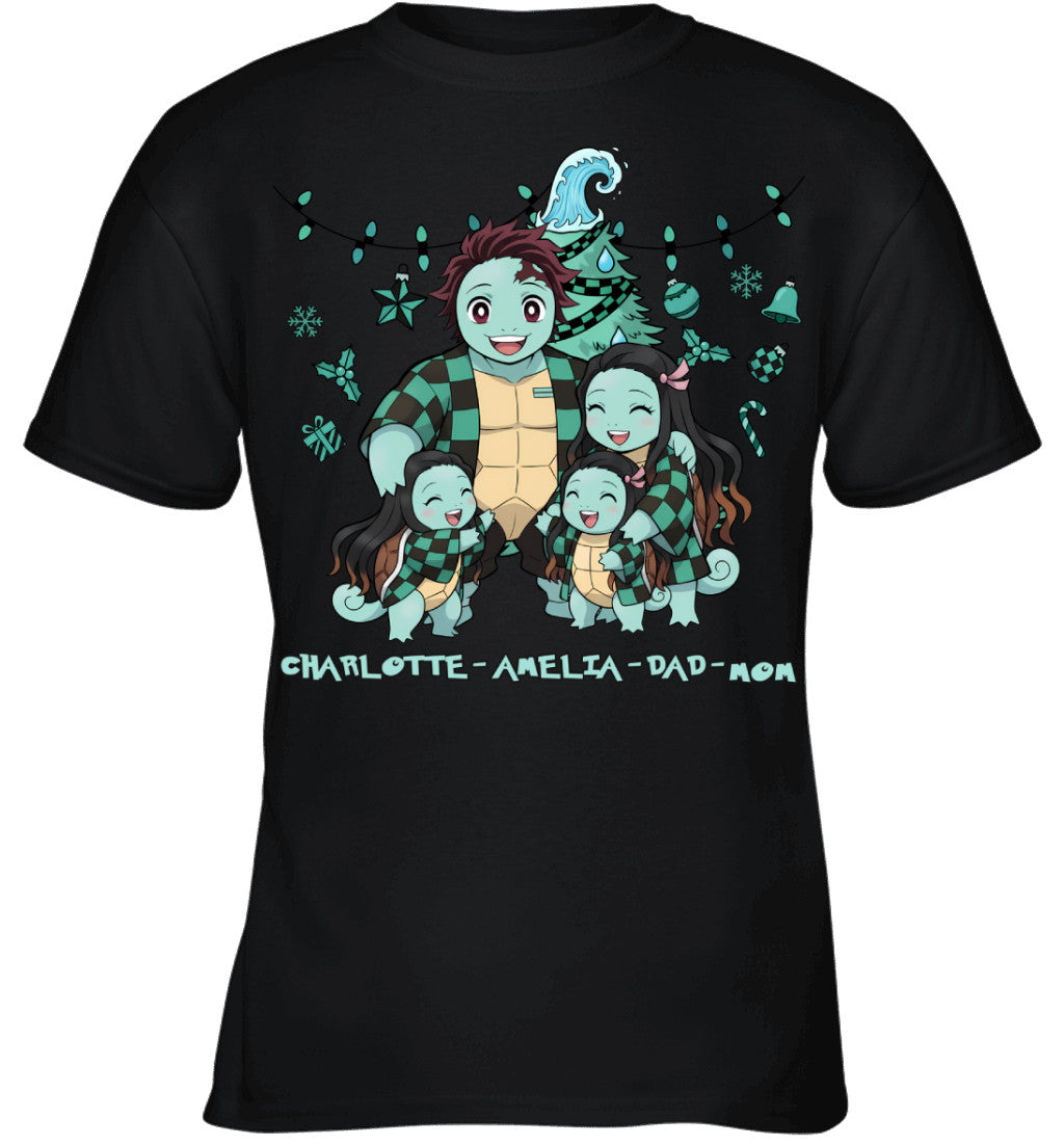 Squirtle x Kamado Tanjiro Parents & Daughters Custom Name Christmas T-Shirt for Family