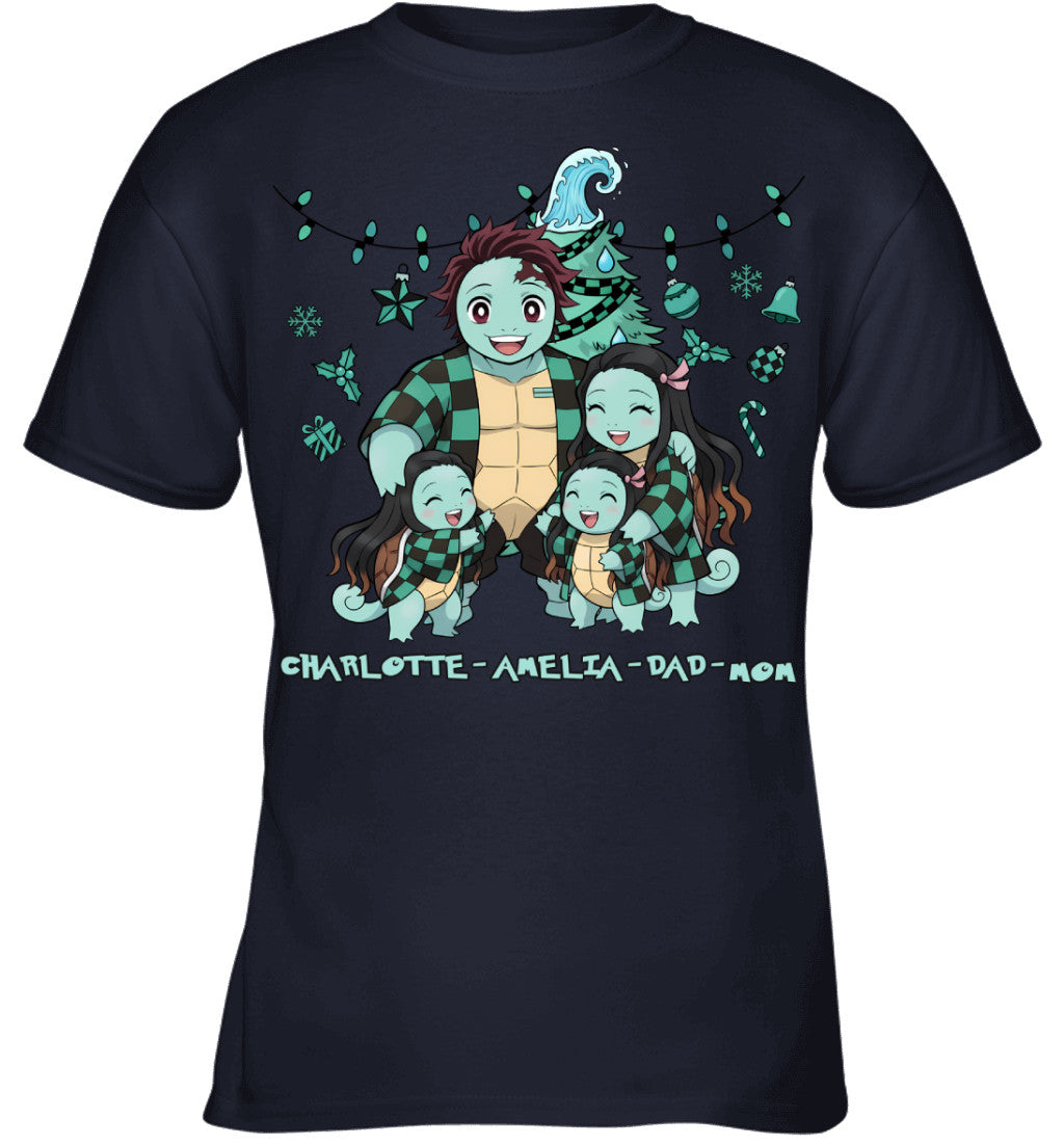 Squirtle x Kamado Tanjiro Parents & Daughters Custom Name Christmas T-Shirt for Family