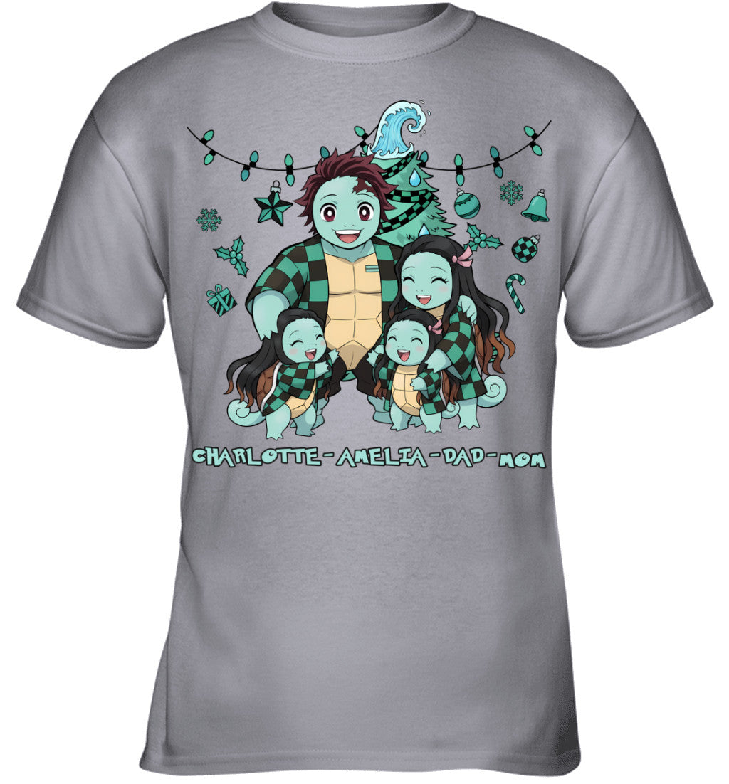 Squirtle x Kamado Tanjiro Parents & Daughters Custom Name Christmas T-Shirt for Family