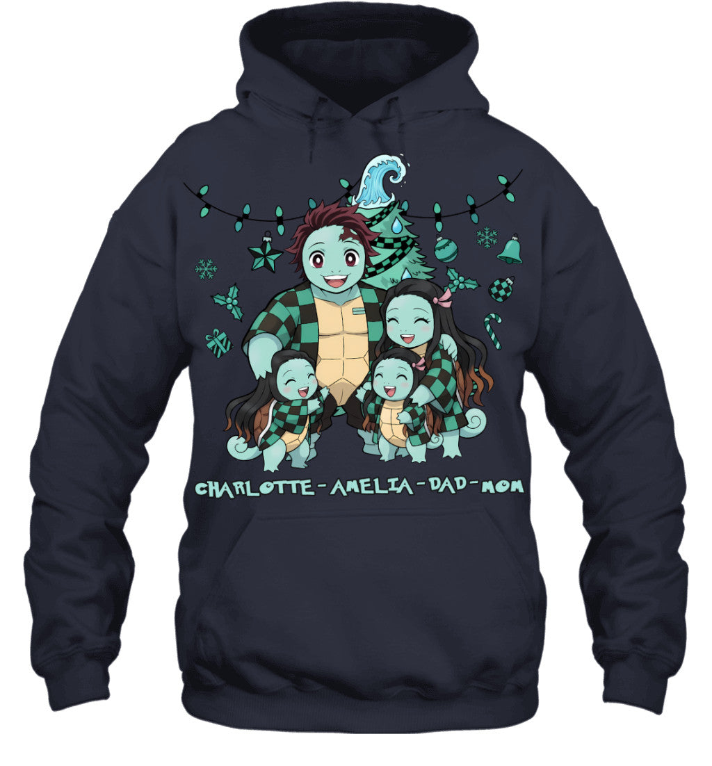 Squirtle x Kamado Tanjiro Parents & Daughters Custom Name Christmas T-Shirt for Family