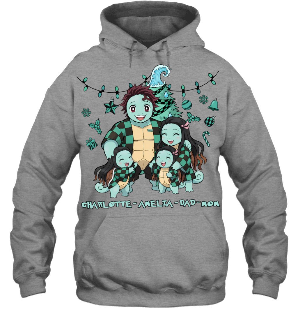 Squirtle x Kamado Tanjiro Parents & Daughters Custom Name Christmas T-Shirt for Family