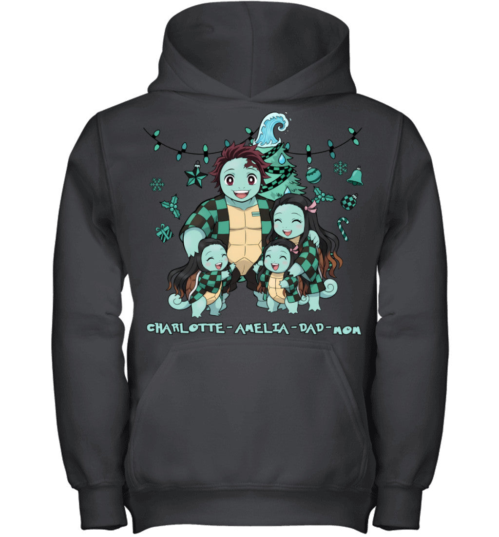 Squirtle x Kamado Tanjiro Parents & Daughters Custom Name Christmas T-Shirt for Family