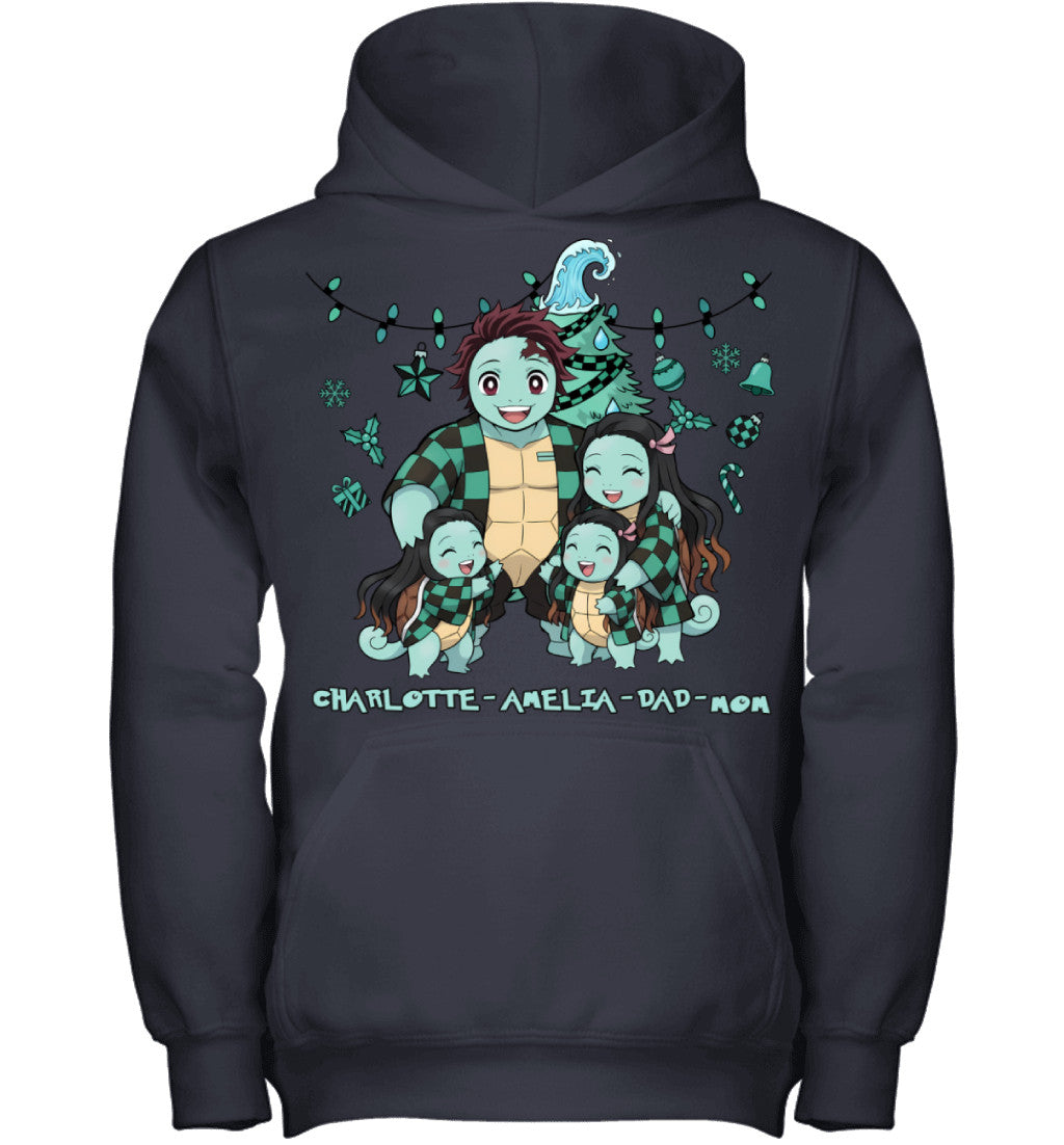 Squirtle x Kamado Tanjiro Parents & Daughters Custom Name Christmas T-Shirt for Family