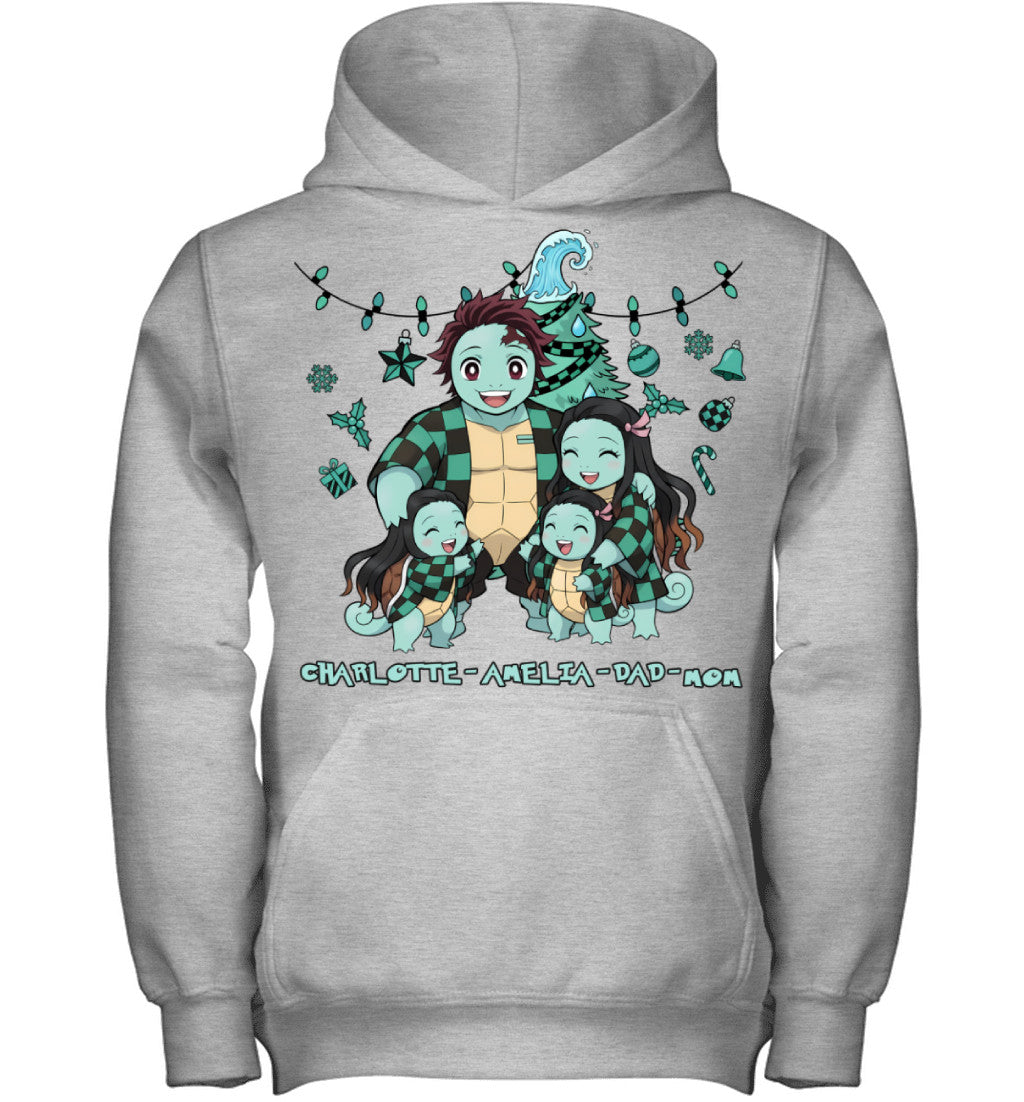Squirtle x Kamado Tanjiro Parents & Daughters Custom Name Christmas T-Shirt for Family