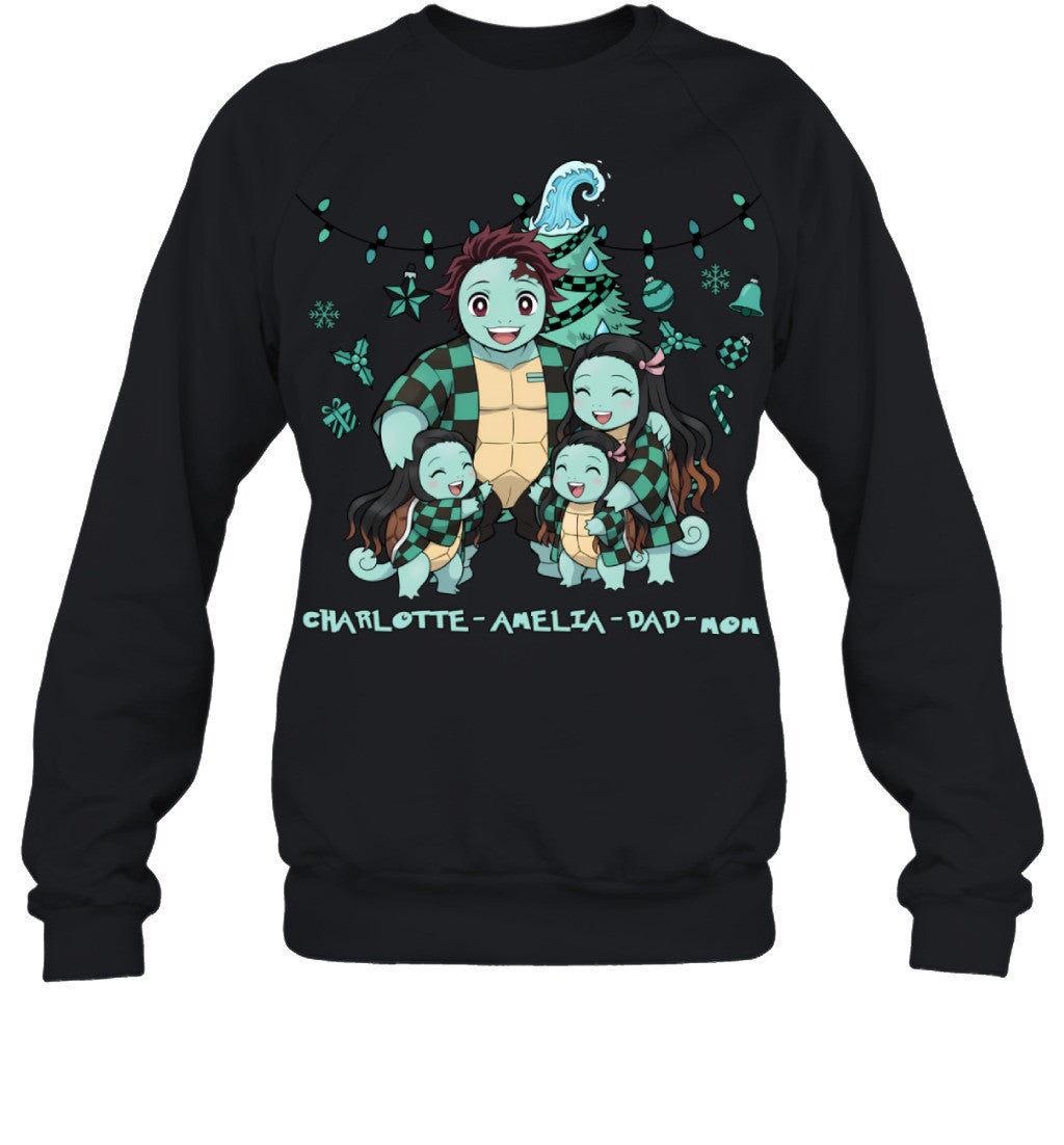 Squirtle x Kamado Tanjiro Parents & Daughters Custom Name Christmas T-Shirt for Family
