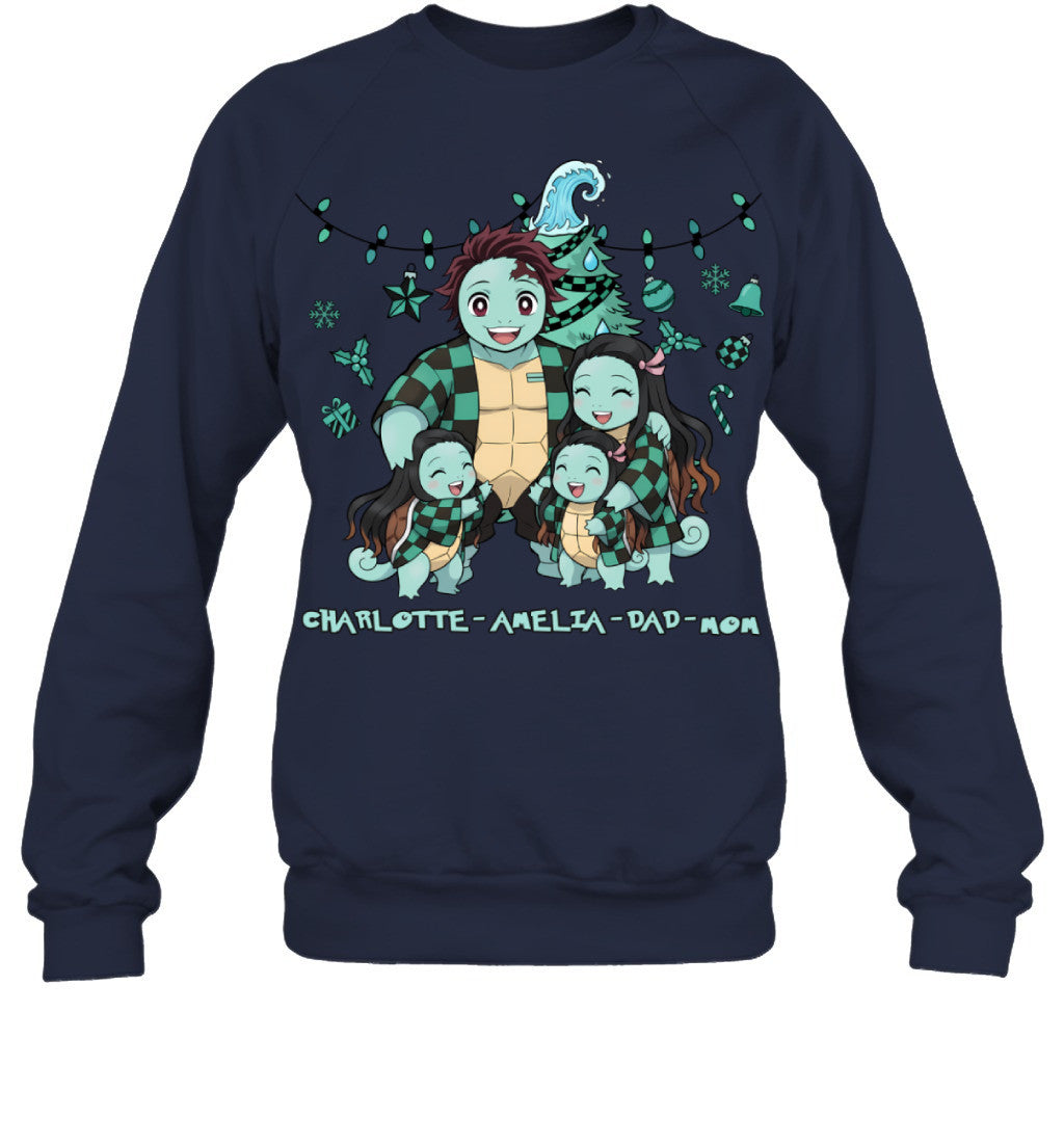 Squirtle x Kamado Tanjiro Parents & Daughters Custom Name Christmas T-Shirt for Family