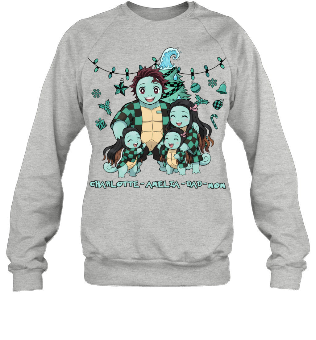 Squirtle x Kamado Tanjiro Parents & Daughters Custom Name Christmas T-Shirt for Family