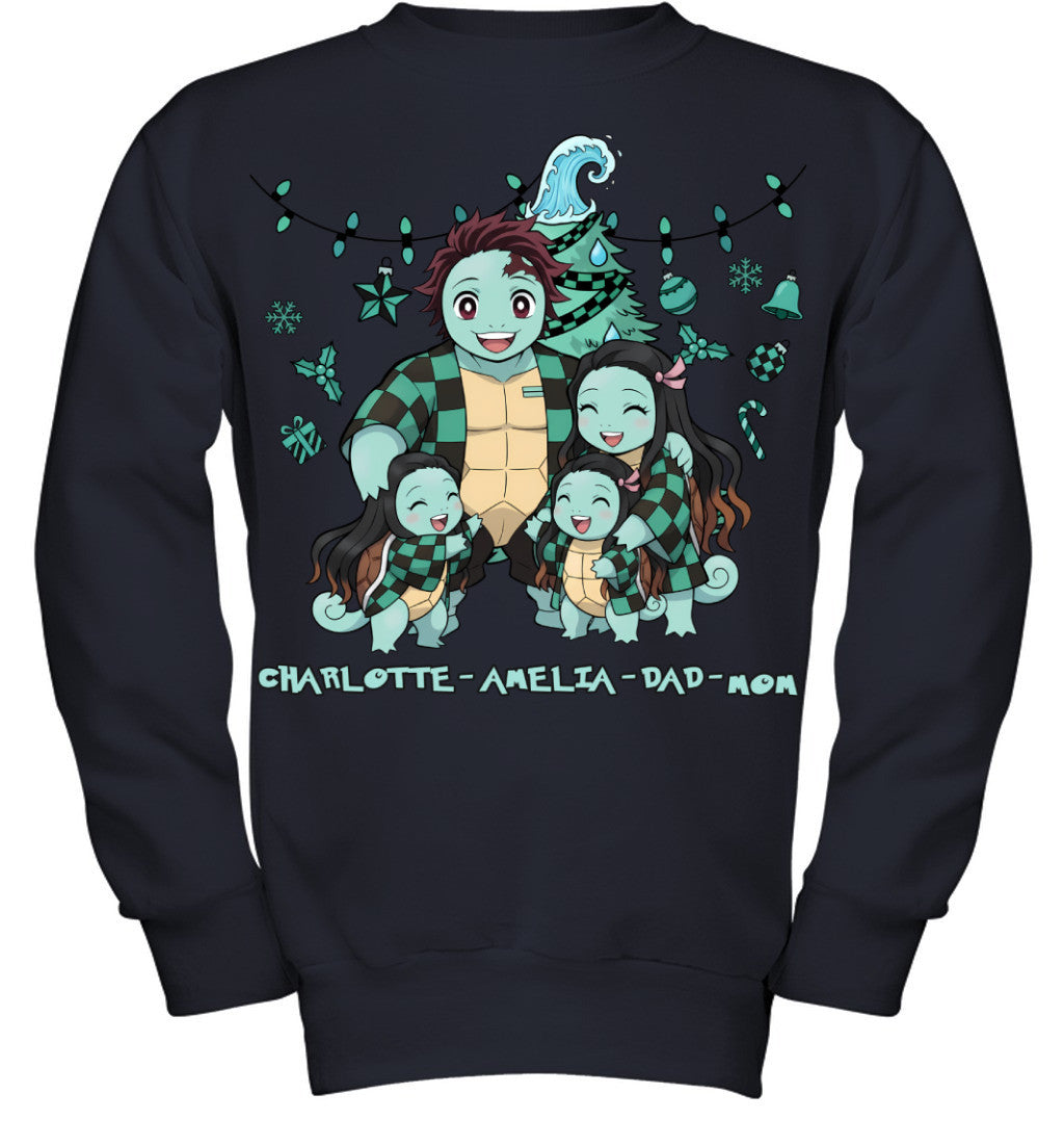 Squirtle x Kamado Tanjiro Parents & Daughters Custom Name Christmas T-Shirt for Family