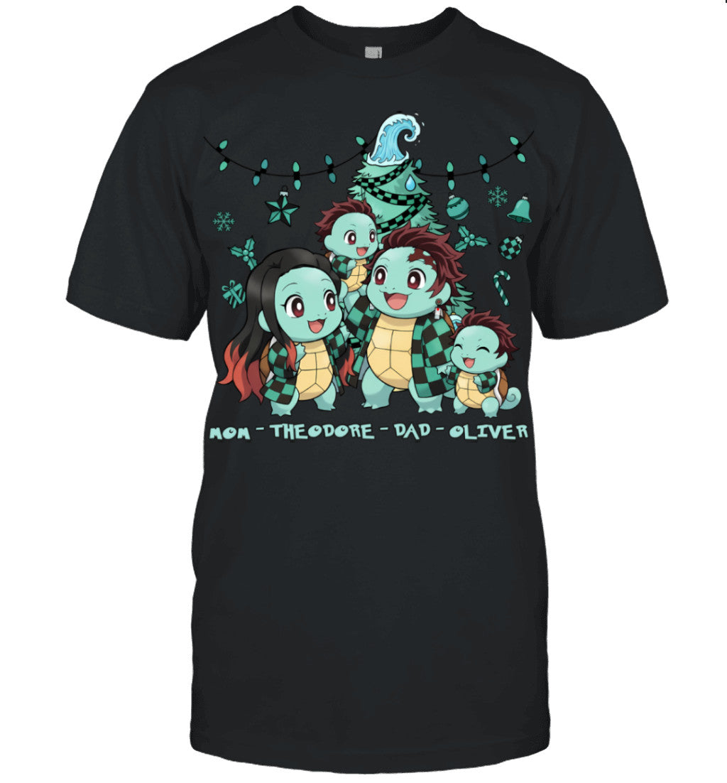 Squirtle x Kamado Tanjiro Parents & Sons Custom Name Christmas T-Shirt for Family