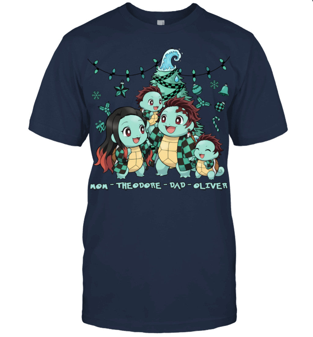 Squirtle x Kamado Tanjiro Parents & Sons Custom Name Christmas T-Shirt for Family