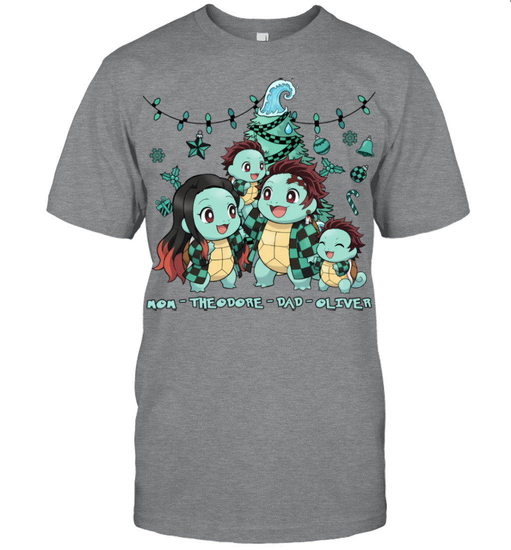Squirtle x Kamado Tanjiro Parents & Sons Custom Name Christmas T-Shirt for Family