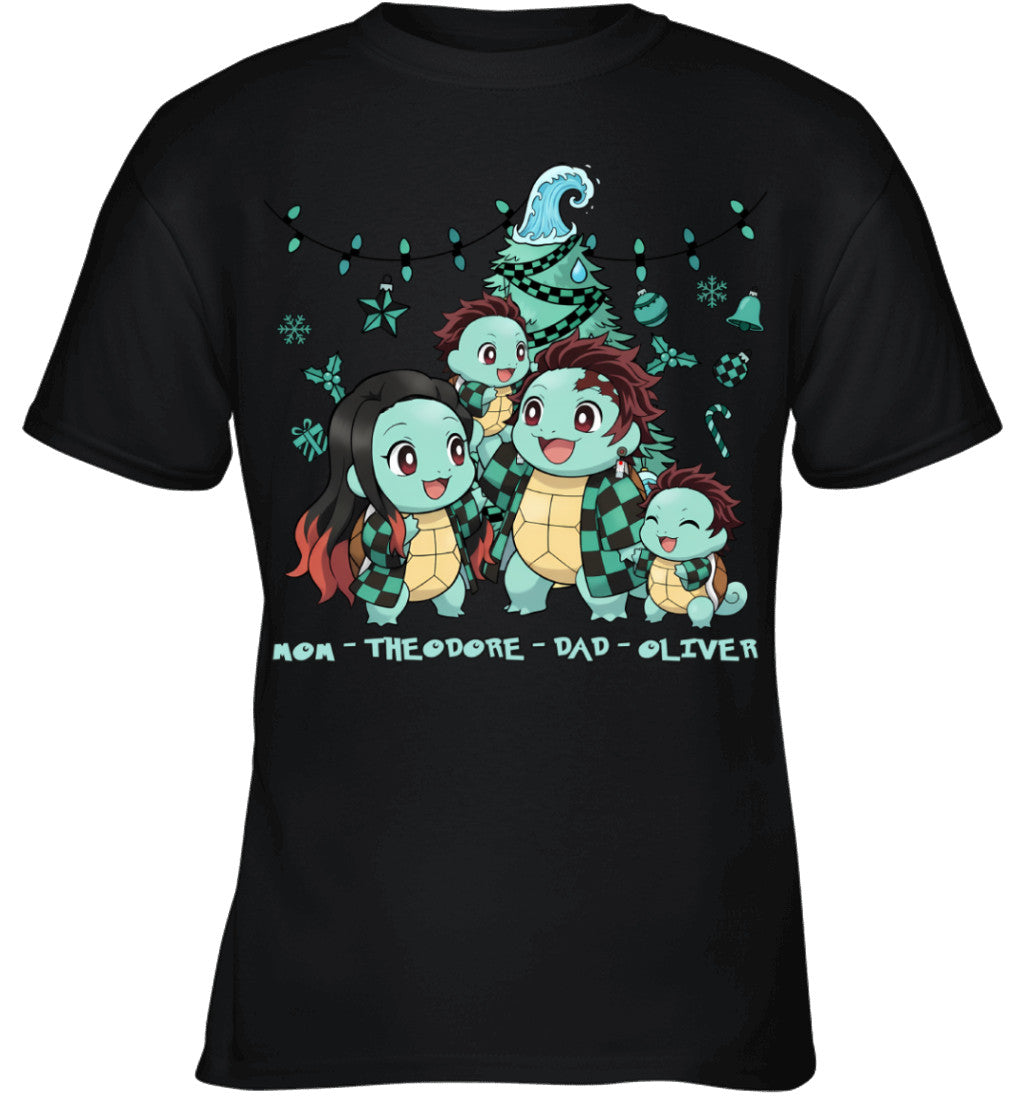 Squirtle x Kamado Tanjiro Parents & Sons Custom Name Christmas T-Shirt for Family