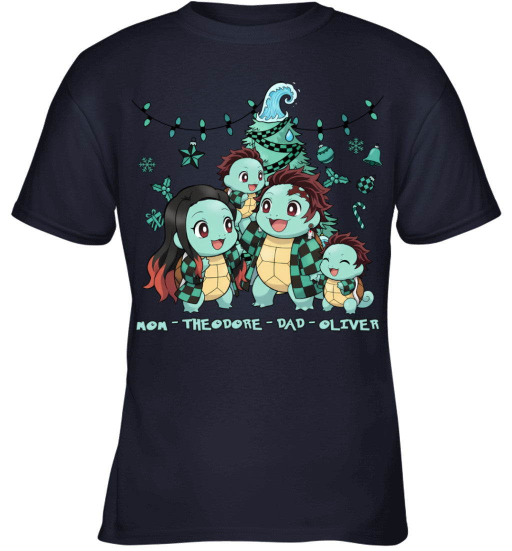 Squirtle x Kamado Tanjiro Parents & Sons Custom Name Christmas T-Shirt for Family