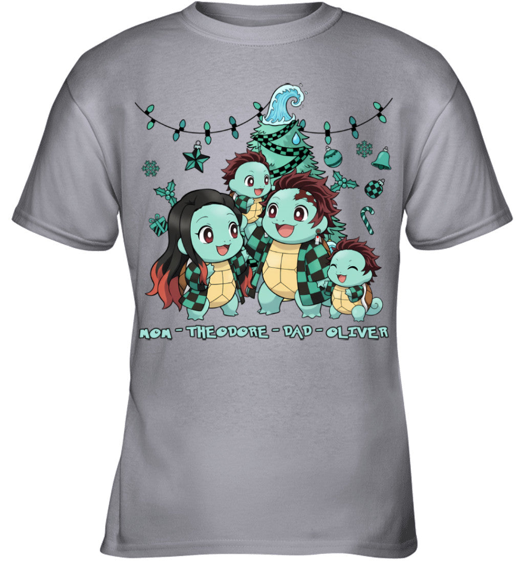 Squirtle x Kamado Tanjiro Parents & Sons Custom Name Christmas T-Shirt for Family