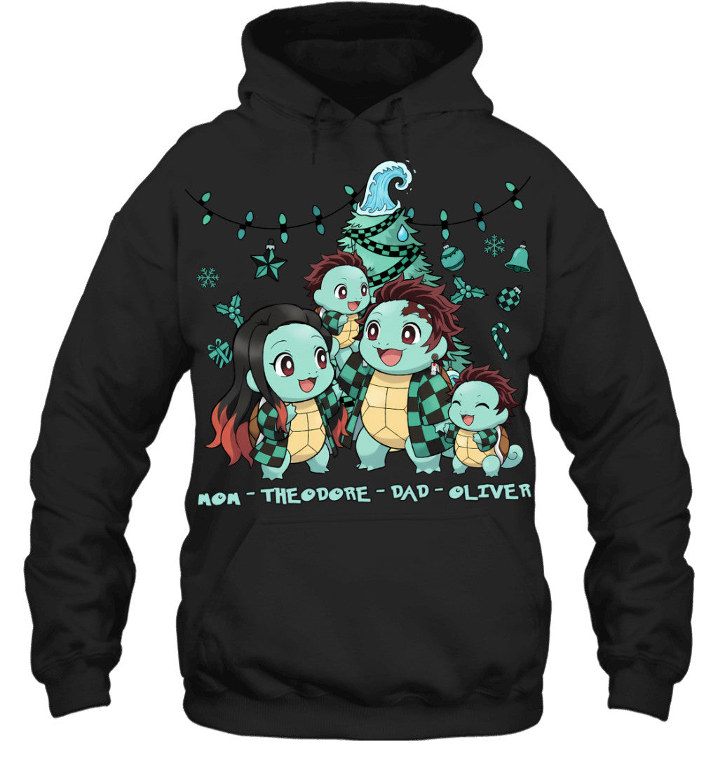 Squirtle x Kamado Tanjiro Parents & Sons Custom Name Christmas T-Shirt for Family
