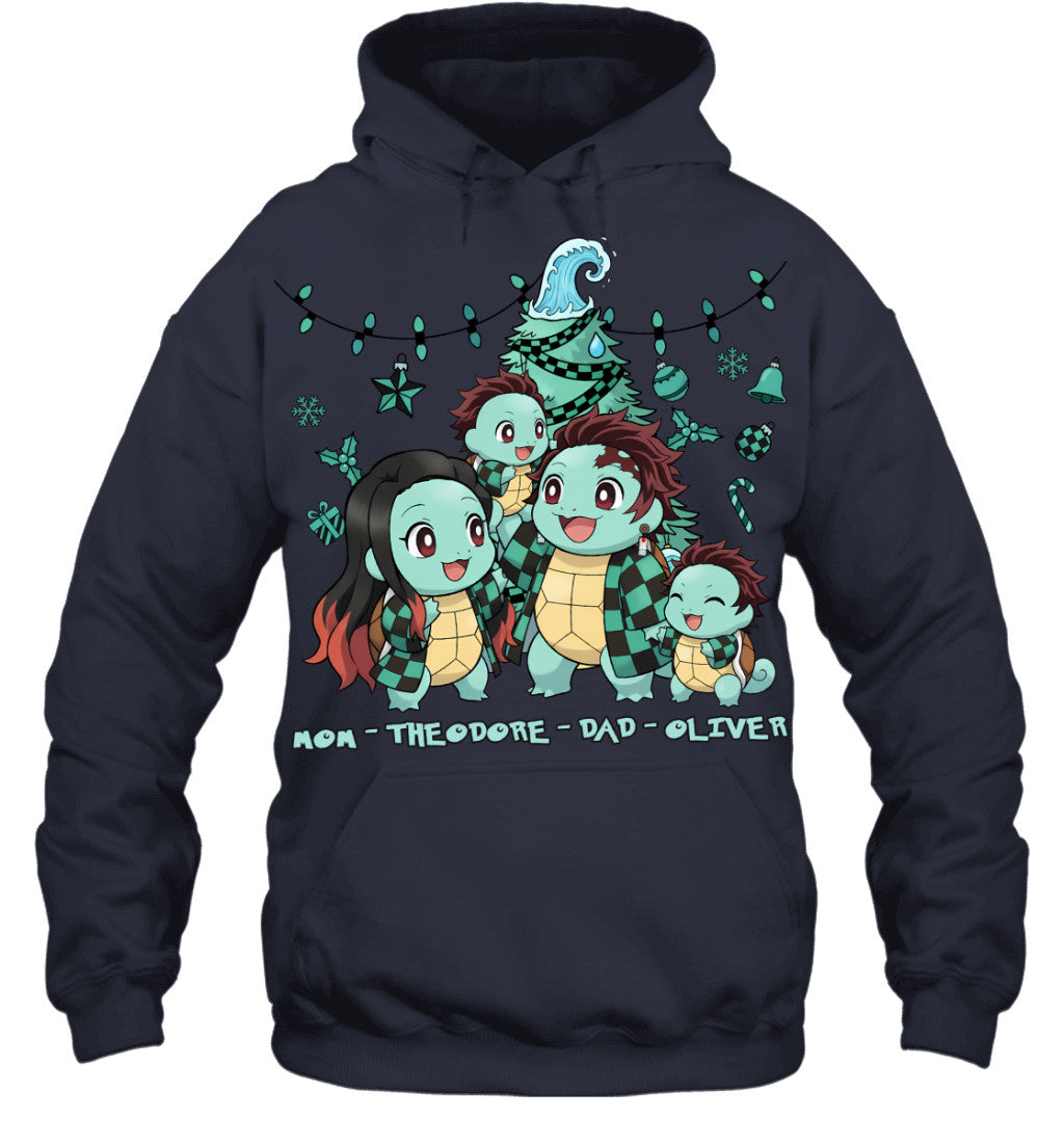 Squirtle x Kamado Tanjiro Parents & Sons Custom Name Christmas T-Shirt for Family