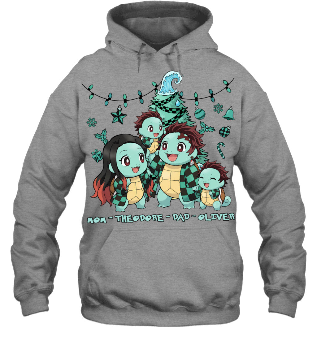 Squirtle x Kamado Tanjiro Parents & Sons Custom Name Christmas T-Shirt for Family