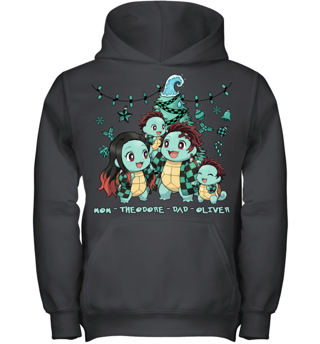 Squirtle x Kamado Tanjiro Parents & Sons Custom Name Christmas T-Shirt for Family