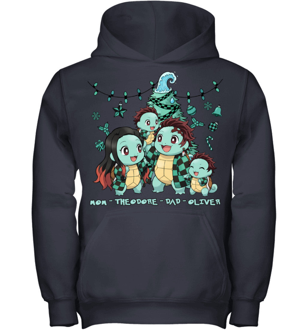 Squirtle x Kamado Tanjiro Parents & Sons Custom Name Christmas T-Shirt for Family