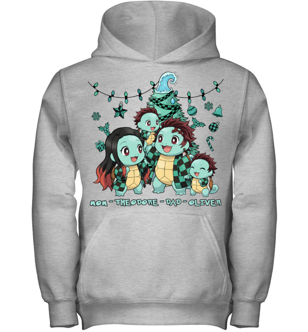 Squirtle x Kamado Tanjiro Parents & Sons Custom Name Christmas T-Shirt for Family