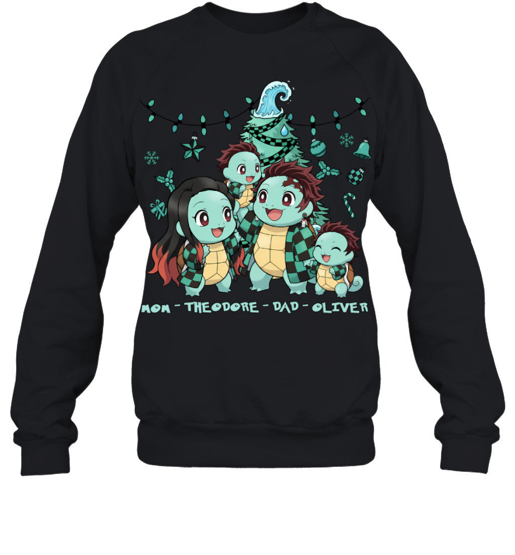 Squirtle x Kamado Tanjiro Parents & Sons Custom Name Christmas T-Shirt for Family