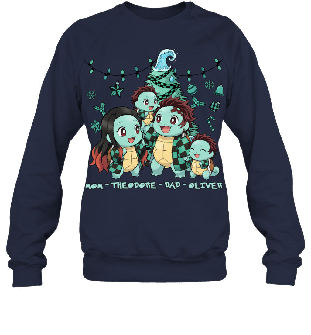 Squirtle x Kamado Tanjiro Parents & Sons Custom Name Christmas T-Shirt for Family