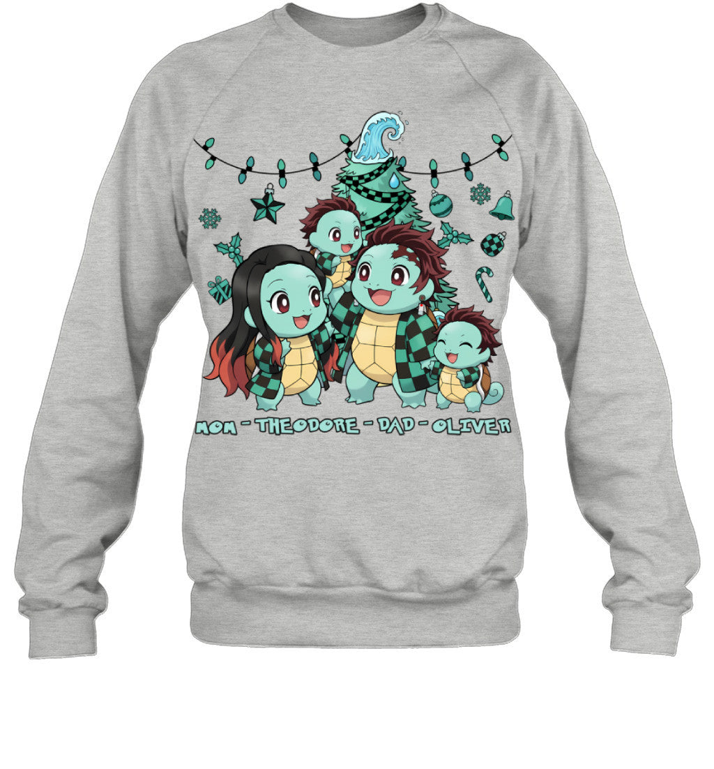 Squirtle x Kamado Tanjiro Parents & Sons Custom Name Christmas T-Shirt for Family