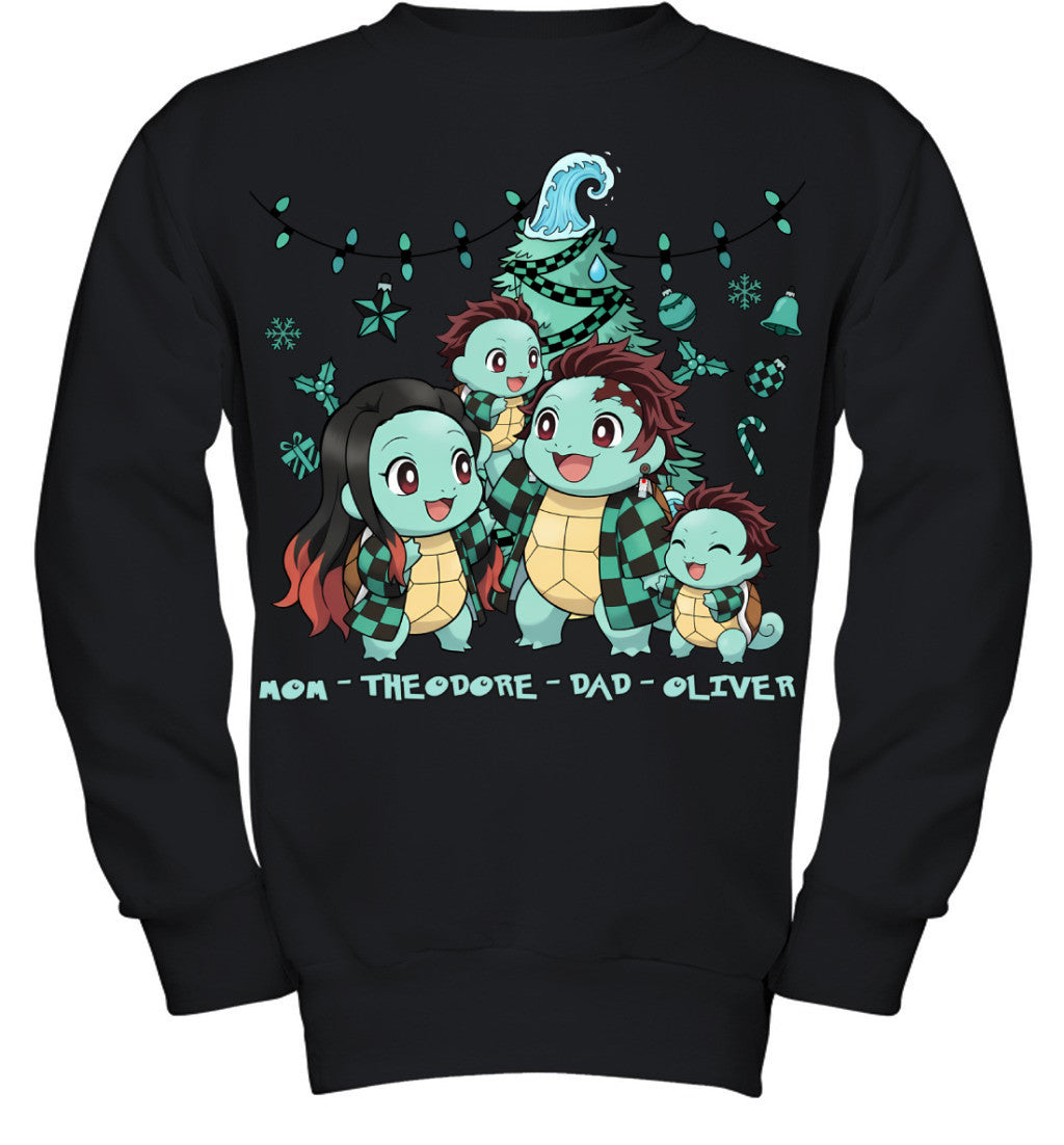 Squirtle x Kamado Tanjiro Parents & Sons Custom Name Christmas T-Shirt for Family