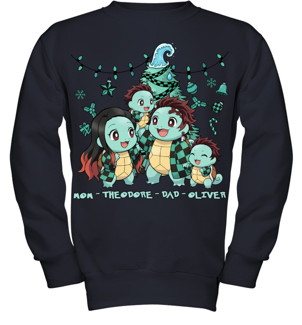 Squirtle x Kamado Tanjiro Parents & Sons Custom Name Christmas T-Shirt for Family