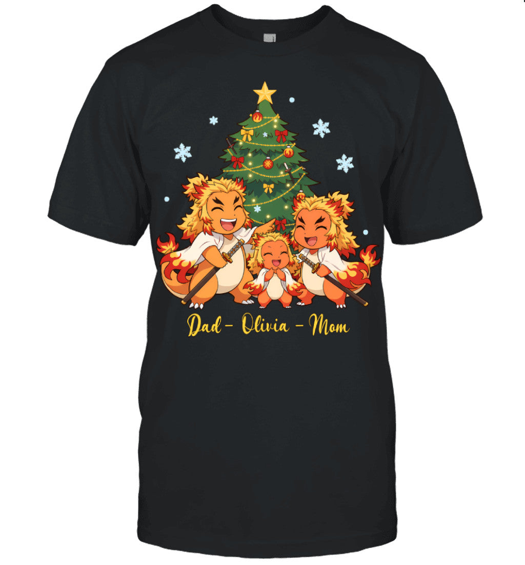 Charmander x Rengoku Parents & Daughter Custom Name Christmas T-Shirt for Family