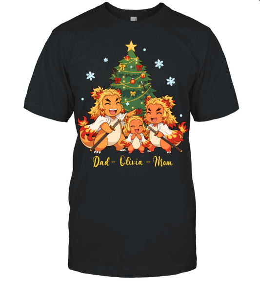 Charmander x Rengoku Parents & Daughter Custom Name Christmas T-Shirt for Family
