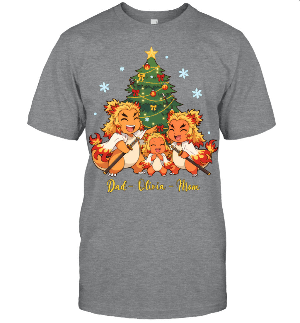 Charmander x Rengoku Parents & Daughter Custom Name Christmas T-Shirt for Family