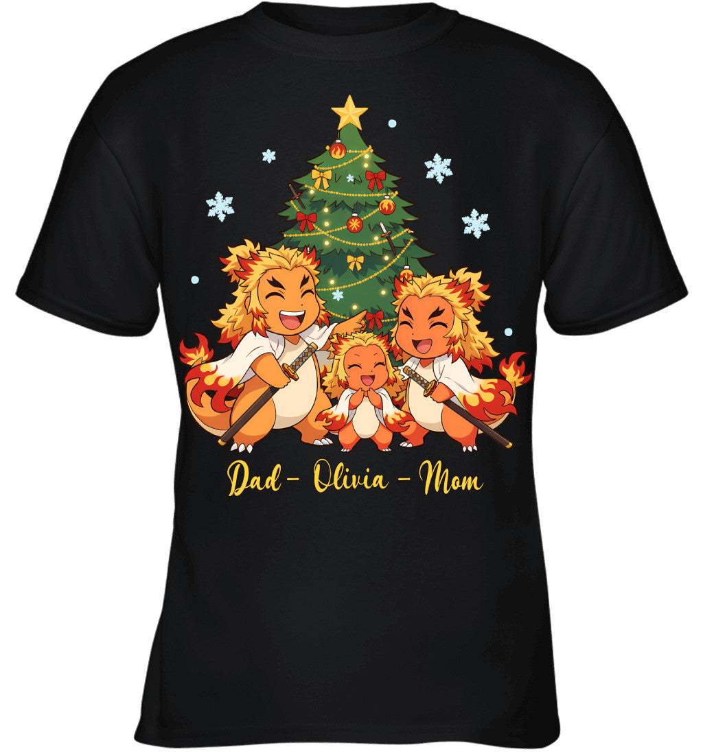 Charmander x Rengoku Parents & Daughter Custom Name Christmas T-Shirt for Family