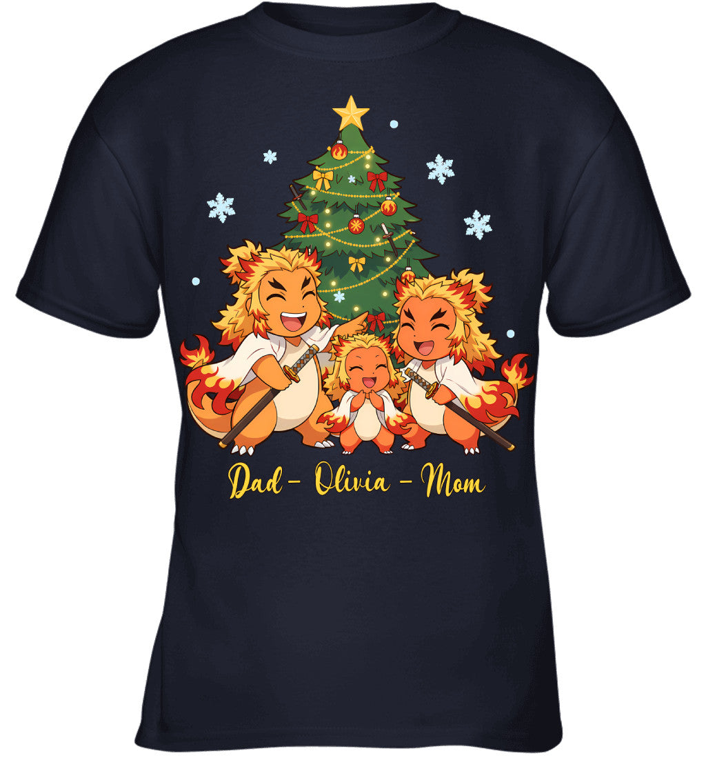Charmander x Rengoku Parents & Daughter Custom Name Christmas T-Shirt for Family