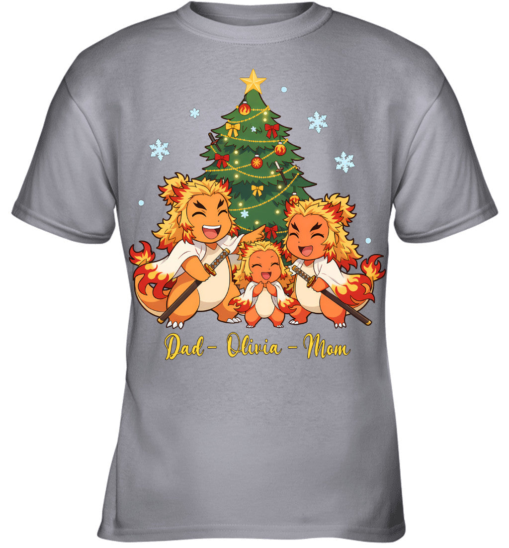 Charmander x Rengoku Parents & Daughter Custom Name Christmas T-Shirt for Family
