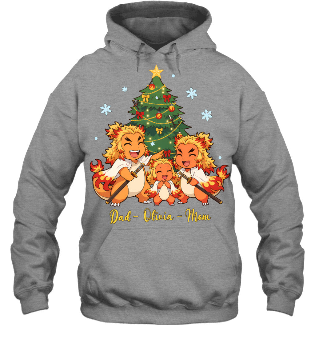 Charmander x Rengoku Parents & Daughter Custom Name Christmas T-Shirt for Family