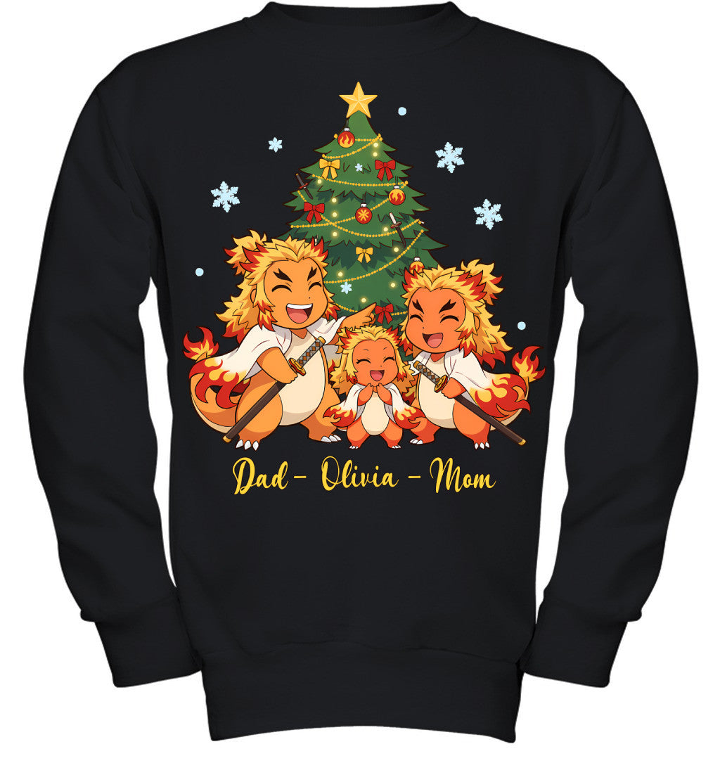 Charmander x Rengoku Parents & Daughter Custom Name Christmas T-Shirt for Family