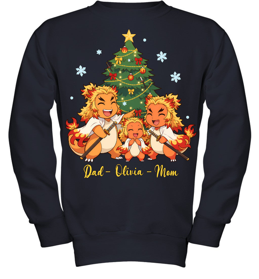 Charmander x Rengoku Parents & Daughter Custom Name Christmas T-Shirt for Family