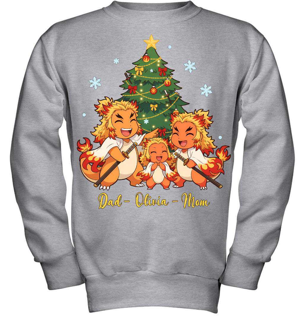 Charmander x Rengoku Parents & Daughter Custom Name Christmas T-Shirt for Family