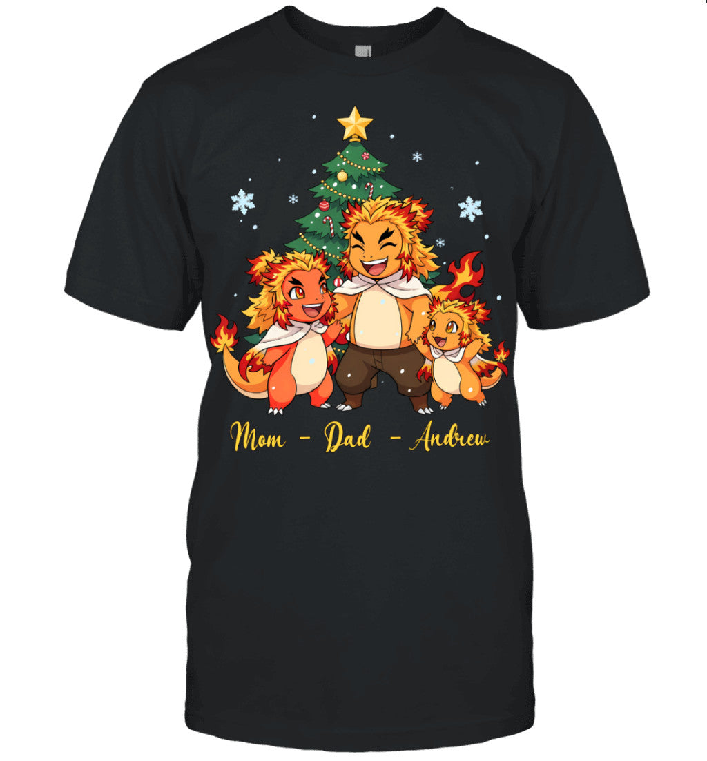Charmander x Rengoku Parents & Son Custom Name Christmas T-Shirt for Family