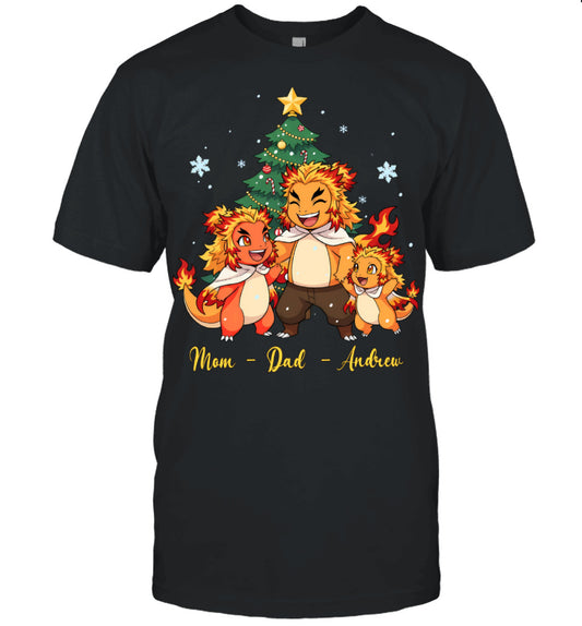 Charmander x Rengoku Parents & Son Custom Name Christmas T-Shirt for Family