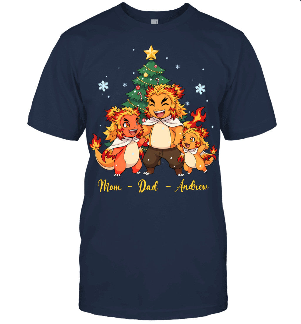 Charmander x Rengoku Parents & Son Custom Name Christmas T-Shirt for Family