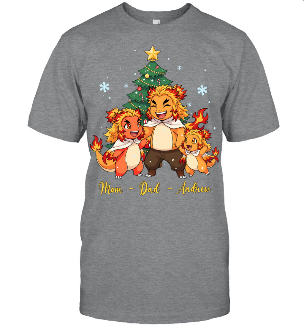 Charmander x Rengoku Parents & Son Custom Name Christmas T-Shirt for Family