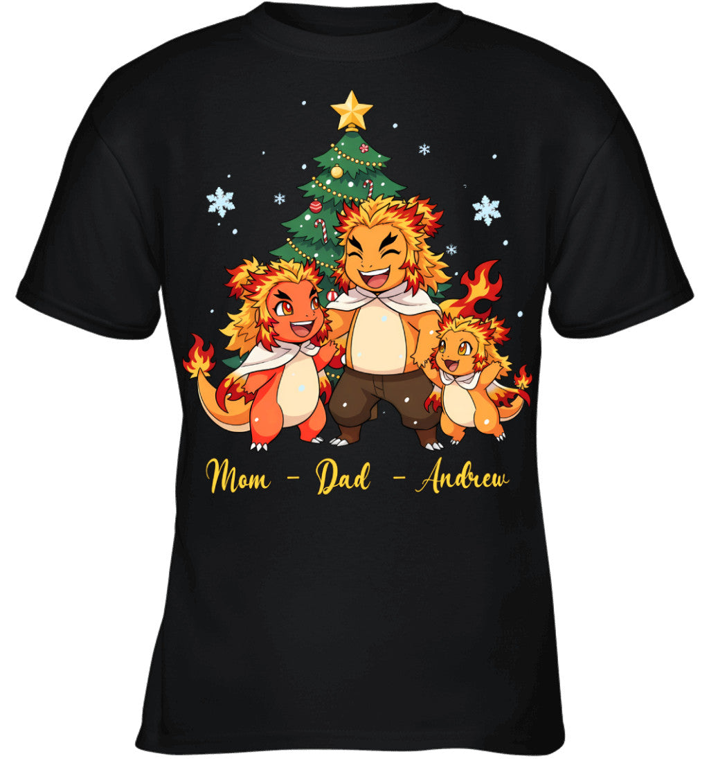 Charmander x Rengoku Parents & Son Custom Name Christmas T-Shirt for Family