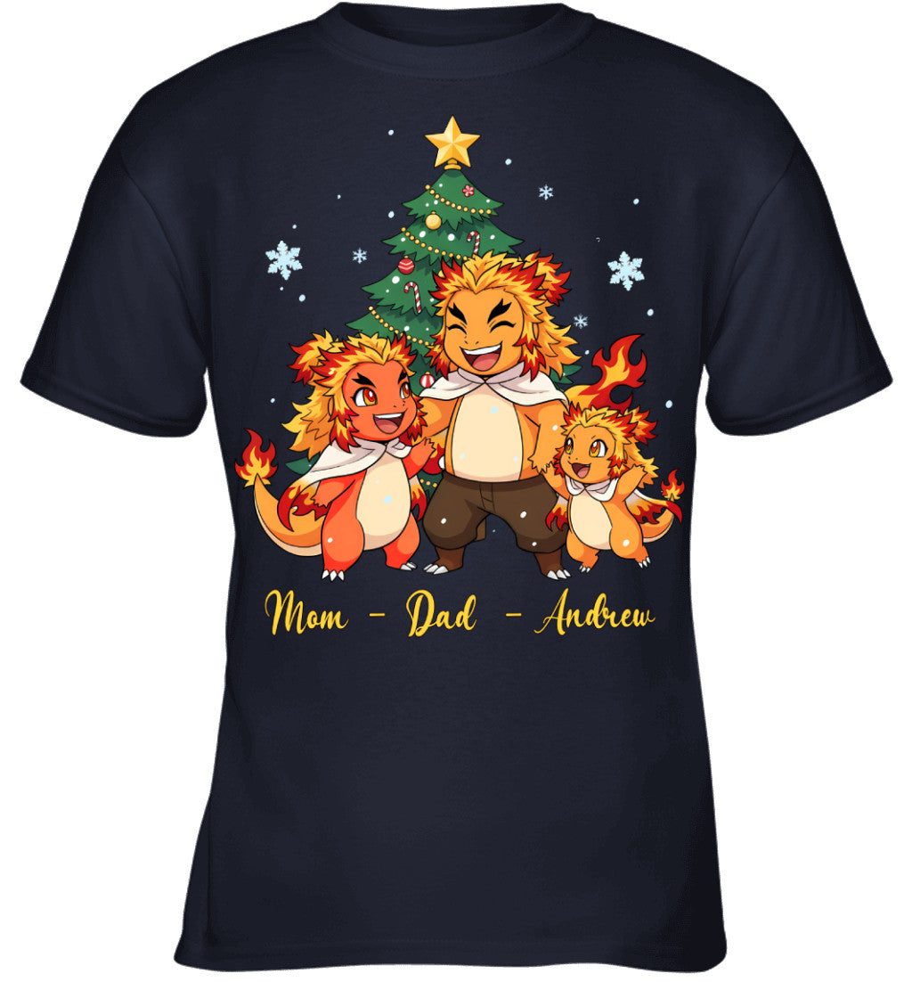 Charmander x Rengoku Parents & Son Custom Name Christmas T-Shirt for Family