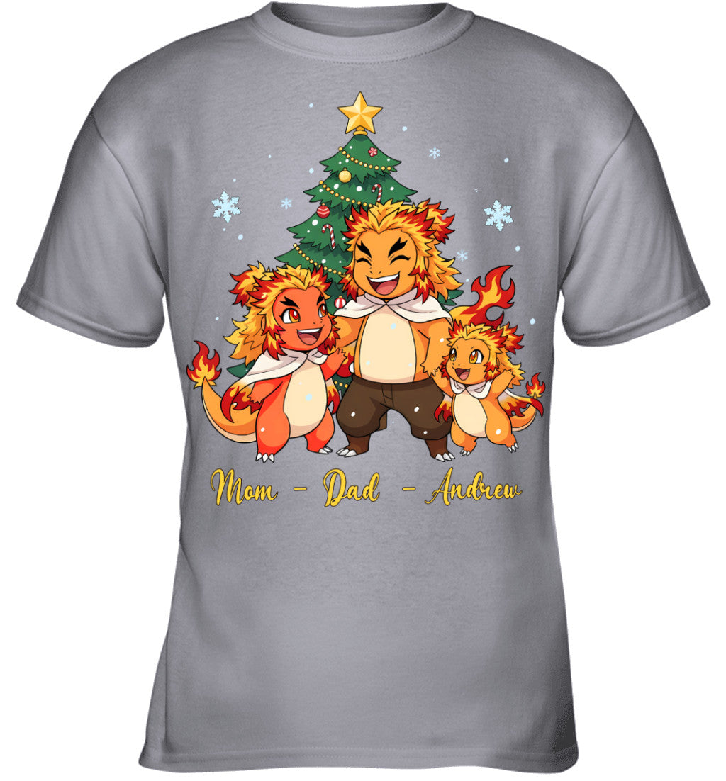 Charmander x Rengoku Parents & Son Custom Name Christmas T-Shirt for Family