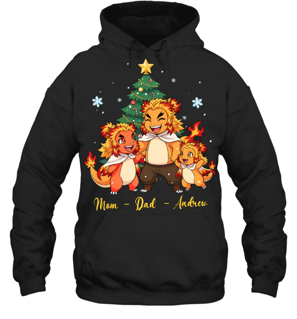 Charmander x Rengoku Parents & Son Custom Name Christmas T-Shirt for Family
