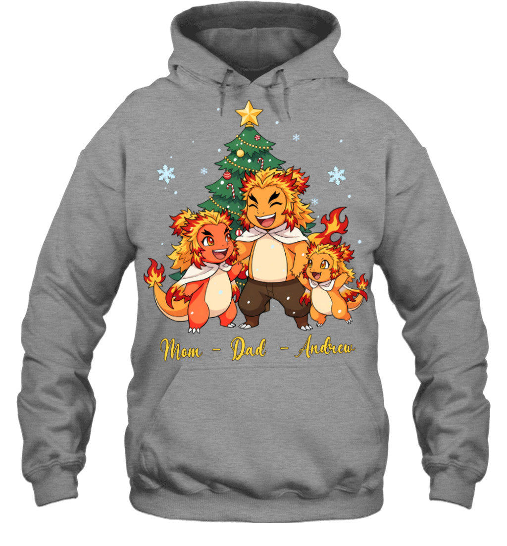 Charmander x Rengoku Parents & Son Custom Name Christmas T-Shirt for Family