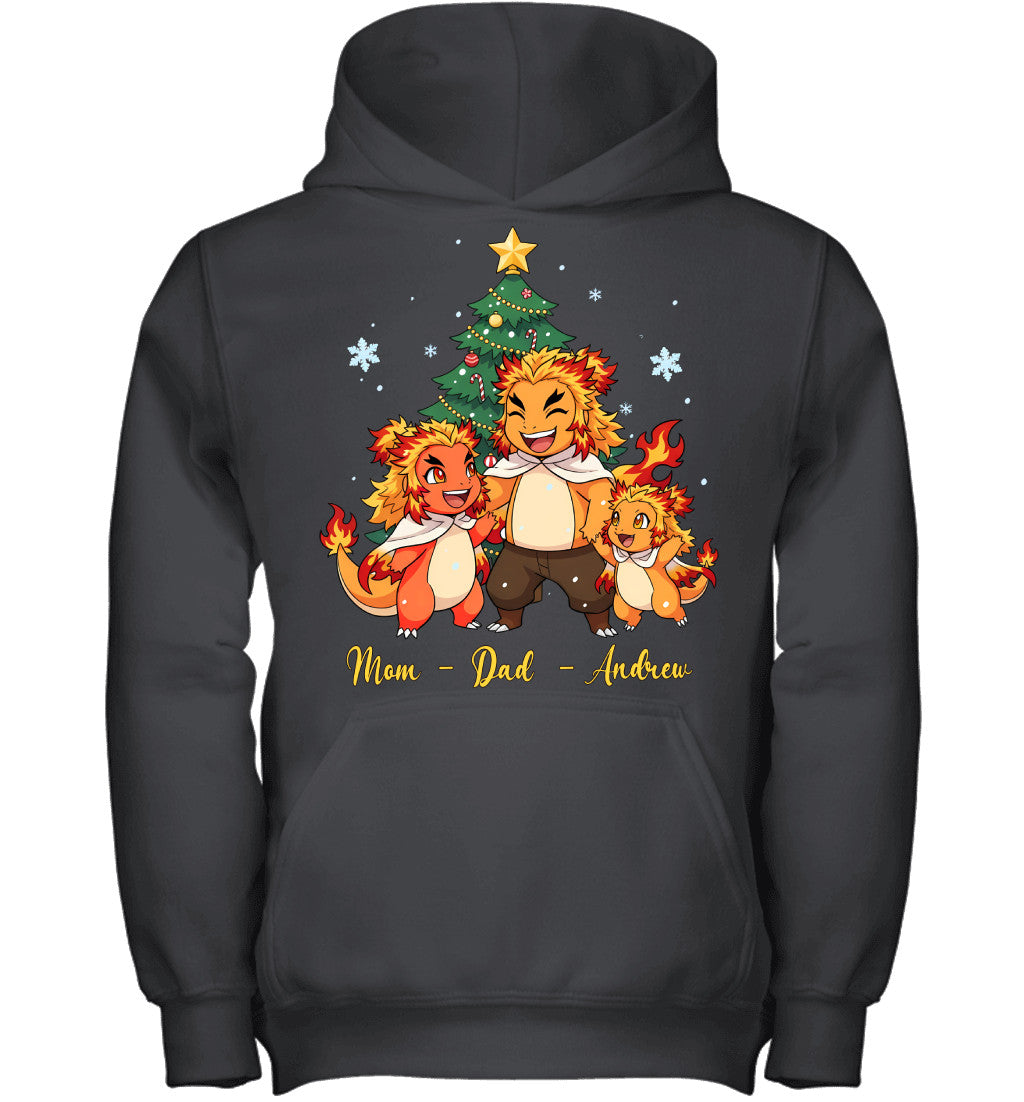 Charmander x Rengoku Parents & Son Custom Name Christmas T-Shirt for Family